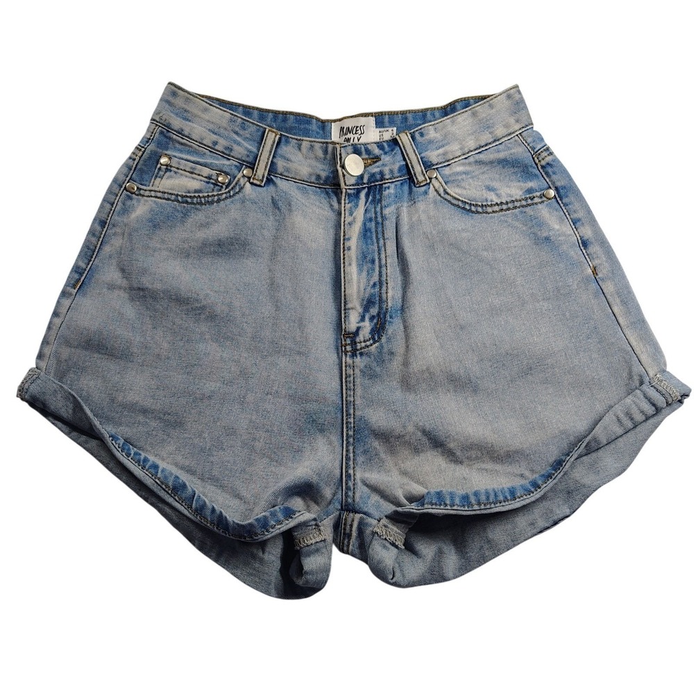 Princess Polly High Waisted Denim Shorts Light Wash Blue Cuffed Size US 2 EU 34